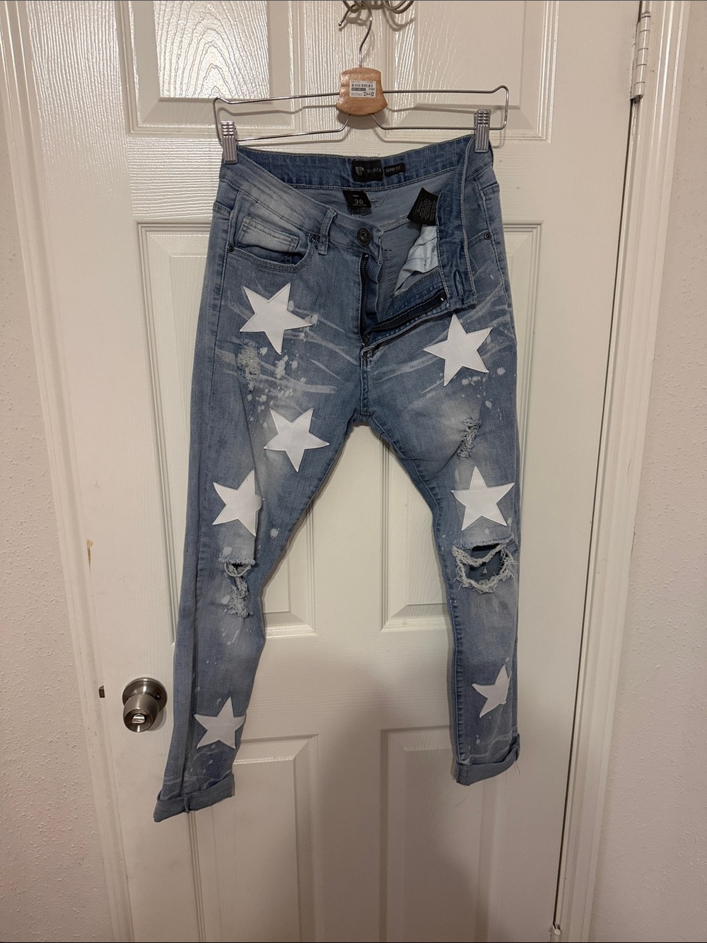 Men's Light Blue Skinny Jeans with White Star Print